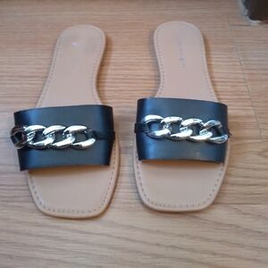 Black Sandals with Silver Chain Accent